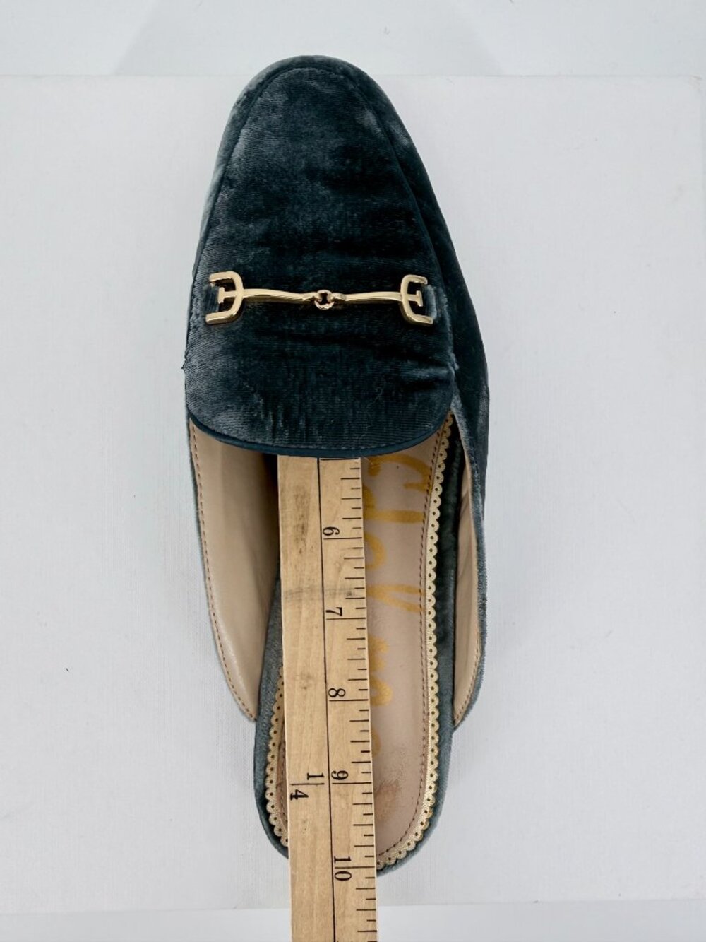 Sam Edelman Linnie Green Velvet Gold Accent Horsebit Mule Loafers 8W - Picture 13 of 15
